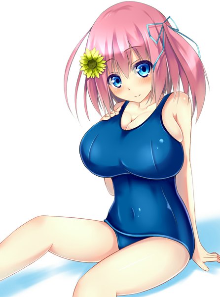 Anime picture 743x1000 with original yahiro (anhnw) single tall image looking at viewer blush short hair breasts blue eyes light erotic smile sitting pink hair ponytail hair flower arm support bare legs huge breasts side ponytail girl