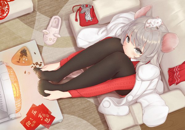 Anime picture 1421x1000 with original bigxixi single long hair looking at viewer blush fringe sitting animal ears full body bent knee (knees) indoors blunt bangs long sleeves from above grey hair inscription grey eyes dutch angle no shoes