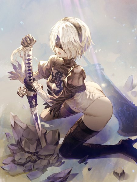 Anime picture 750x1000 with nier nier:automata yorha no. 2 type b wanke single tall image short hair light erotic ass white hair from above mole puffy sleeves kneeling arched back mole under mouth blindfold girl thighhighs weapon