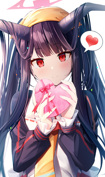 Anime picture 1280x2160 with blue archive fuuka (blue archive) mutsumi nemuru single long hair tall image looking at viewer fringe black hair smile red eyes upper body blunt bangs head tilt horn (horns) valentine girl heart halo gift