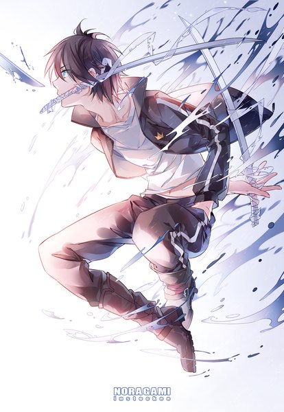 Anime picture 1035x1500 with noragami studio bones yato (noragami) instockee tall image fringe short hair blue eyes brown hair holding looking away open clothes open jacket copyright name mouth hold hand in pocket dual wielding dissolving boy navel