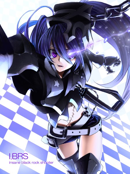 Anime picture 1080x1440 with black rock shooter insane black rock shooter poaro single long hair tall image open mouth purple eyes twintails purple hair teeth fang (fangs) text glowing scar glowing eye (eyes) checkered floor checkered girl thighhighs