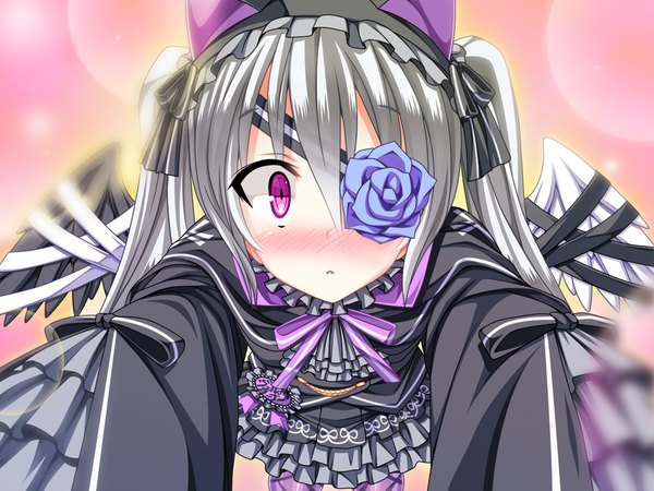 Anime picture 1024x768 with change! ano musume ni natte kunkun peropero may-be soft tanabe rumia akaza single long hair looking at viewer blush open mouth purple eyes twintails animal ears game cg silver hair cat ears lolita fashion goth-loli girl dress flower (flowers)