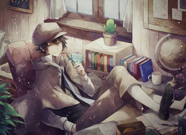 Anime picture 982x718 with bungou stray dogs studio bones edogawa ranpo (bungou stray dogs) angel31424 single fringe short hair black hair smile holding looking away indoors grey eyes crossed legs open collar hand in pocket thinking boy plant (plants) shirt