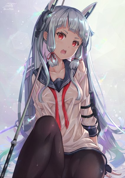 Anime picture 867x1227 with kantai collection murakumo destroyer rin yuu single long hair tall image looking at viewer fringe open mouth light erotic simple background red eyes sitting signed silver hair bent knee (knees) blunt bangs head tilt gradient background lens flare