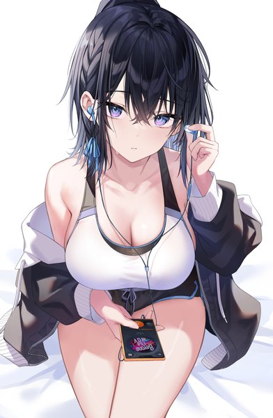 Anime picture 2472x3788 with original timmoo single long hair tall image looking at viewer fringe highres breasts light erotic black hair simple background hair between eyes large breasts white background sitting purple eyes bare shoulders holding cleavage