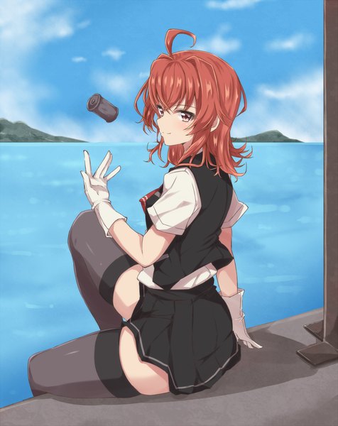 Anime picture 793x1000 with kantai collection arashi destroyer jiino single long hair tall image red eyes sitting red hair girl thighhighs skirt gloves black thighhighs miniskirt white gloves skirt set