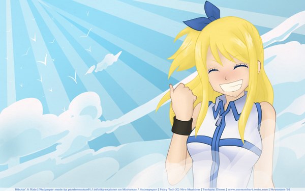 Anime picture 2560x1600 with fairy tail lucy heartfilia single long hair highres blonde hair smile wide image bare shoulders signed payot sky cloud (clouds) upper body eyes closed wind one side up vector clenched teeth girl