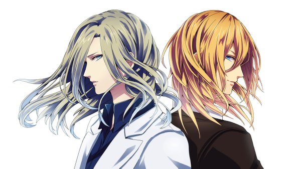 Anime picture 1300x731 with uta no prince-sama a-1 pictures jinguji ren camus masaki (mix15) long hair blue eyes simple background blonde hair wide image white background profile wind multiple boys turning head silver eyes back to back messy hair boy shirt