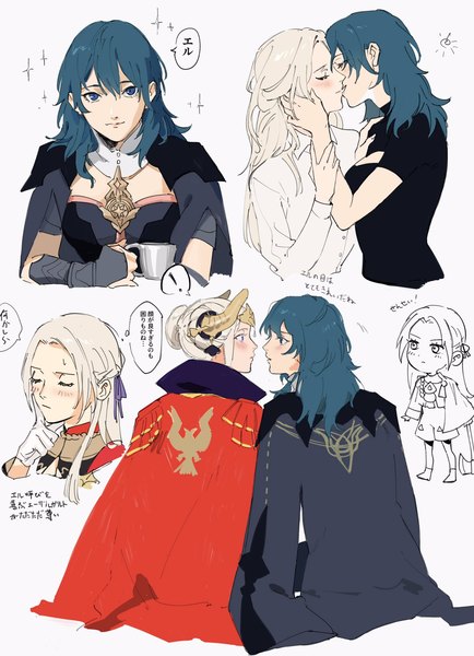 Anime picture 1482x2048 with fire emblem fire emblem: three houses nintendo edelgard von hresvelg byleth (fire emblem) byleth (female) (fire emblem) atheko long hair tall image looking at viewer blush fringe short hair blue eyes simple background smile hair between eyes white background purple eyes multiple girls