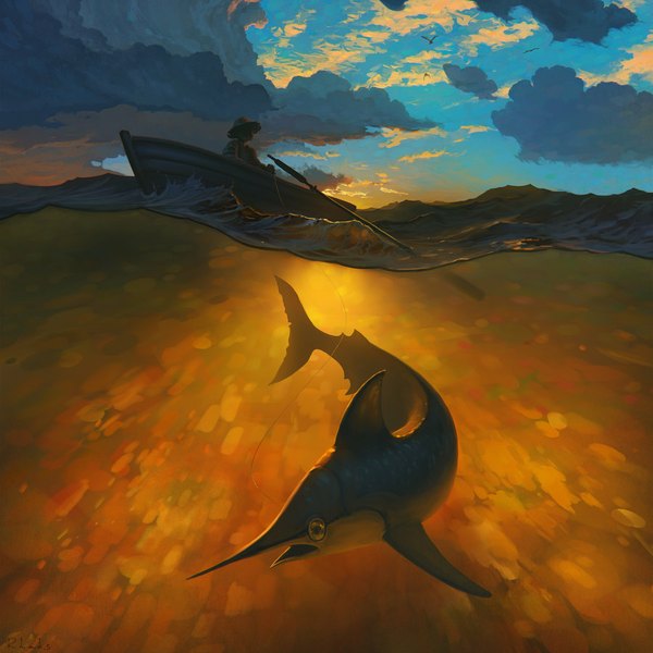 Anime picture 900x900 with the old man and the sea rhads single sky cloud (clouds) sunlight evening sunset underwater silhouette boy hat animal water sea bird (birds) fish (fishes) watercraft boat swordfish