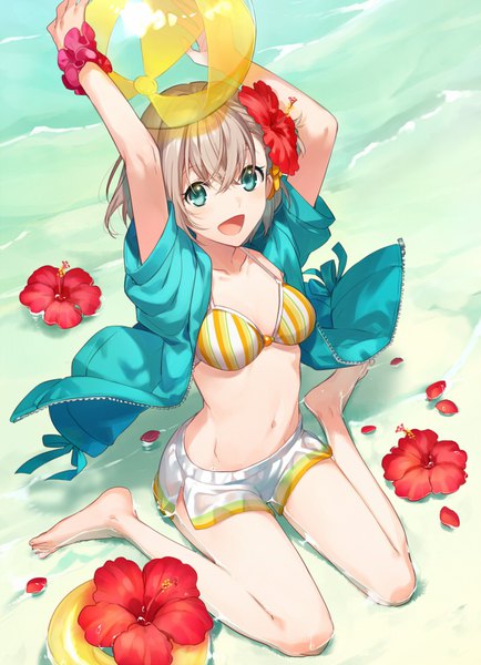 Anime picture 700x968 with original asahikawa hiyori single tall image looking at viewer blush fringe short hair breasts open mouth light erotic hair between eyes brown hair sitting holding full body :d barefoot hair flower aqua eyes