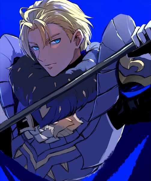 Anime picture 1200x1430 with fire emblem fire emblem: three houses fire emblem warriors: three hopes nintendo dimitri alexandre blaiddyd nishikawa (fe) single tall image looking at viewer fringe short hair blue eyes simple background blonde hair hair between eyes holding upper body blue background serious boy