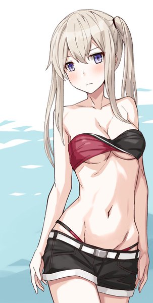 Anime picture 708x1400 with kantai collection graf zeppelin (kantai collection) takanashi kei (hitsujikan) single long hair tall image looking at viewer blush fringe breasts blue eyes light erotic blonde hair hair between eyes standing twintails bare shoulders payot cleavage underboob