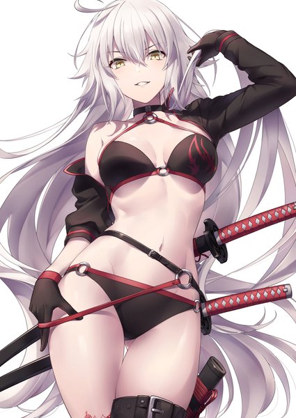 Anime picture 1062x1500 with fate (series) fate/grand order jeanne d'arc (fate) (all) jeanne d'arc alter (fate) jeanne d'arc alter (swimsuit berserker) (fate) toujou masateru single long hair tall image looking at viewer blush fringe breasts light erotic simple background smile standing white background yellow eyes payot