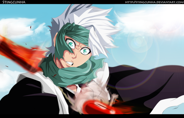 Anime picture 2165x1394 with bleach studio pierrot hitsugaya toushirou stingcunha single highres short hair green eyes sky cloud (clouds) white hair traditional clothes japanese clothes sunlight coloring magic letterboxed pain boy kimono
