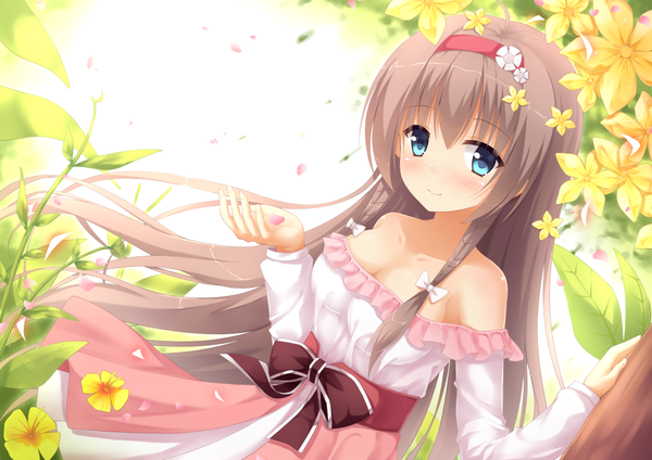 Anime picture 1000x707 with sanoba witch yuzusoft shiiba tsumugi suzuame yatsumi single long hair looking at viewer blush blue eyes smile brown hair ahoge braid (braids) off shoulder dutch angle twin braids girl dress flower (flowers) petals