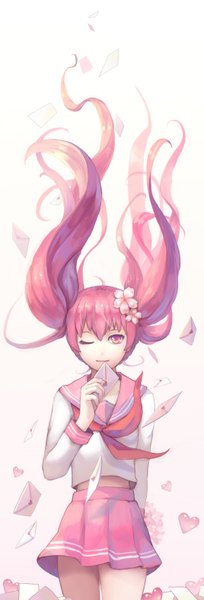 Anime picture 2143x6293 with original ao aka maou single long hair tall image looking at viewer fringe highres smile standing twintails pink hair one eye closed pink eyes hair flower wind midriff arm behind back girl uniform