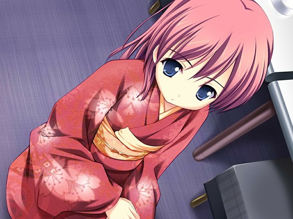 Anime picture 1024x768 with backstage (game) blue eyes game cg red hair japanese clothes girl kimono