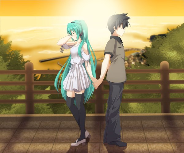 Anime picture 1920x1600 with vocaloid hatsune miku yuzuki kei long hair highres short hair black hair eyes closed profile aqua hair couple holding hands evening sunset girl thighhighs boy black thighhighs headphones