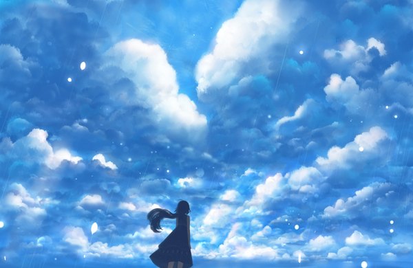 Anime picture 1600x1040 with original bounin single long hair black hair standing bare shoulders cloud (clouds) outdoors wind from behind from below sleeveless girl dress