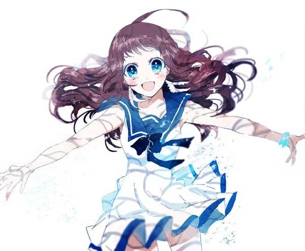 Anime picture 1000x826 with nagi no asukara p.a. works mukaido manaka motyaaaaaaa single long hair looking at viewer blush fringe open mouth blue eyes simple background brown hair white background ahoge spread arms girl uniform school uniform