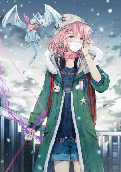 Anime picture 800x1132 with original dangmill single tall image fringe short hair hair between eyes standing purple eyes holding looking away pink hair sky cloud (clouds) outdoors nail polish sunlight fur trim snowing fantasy
