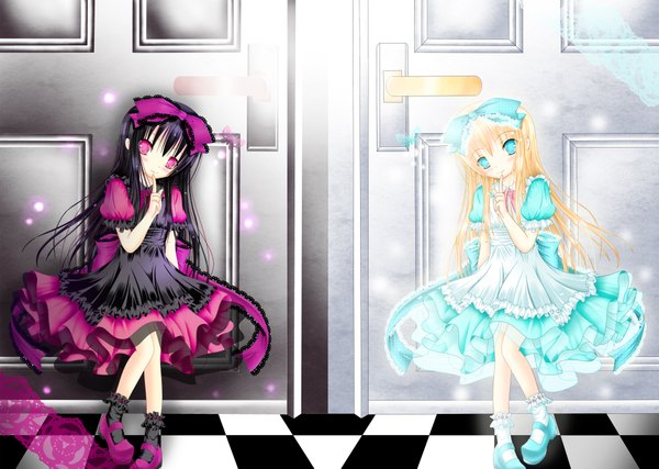 Anime picture 4110x2930 with kino (artist) looking at viewer highres blue eyes black hair blonde hair purple eyes multiple girls absurdres loli finger to mouth checkered floor lolita fashion floor goth-loli girl dress ribbon (ribbons) 2 girls hair ribbon