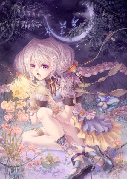 Anime picture 2125x3000 with original lira mist long hair tall image highres open mouth blonde hair sitting purple eyes braid (braids) night magic crescent girl dress flower (flowers) insect butterfly