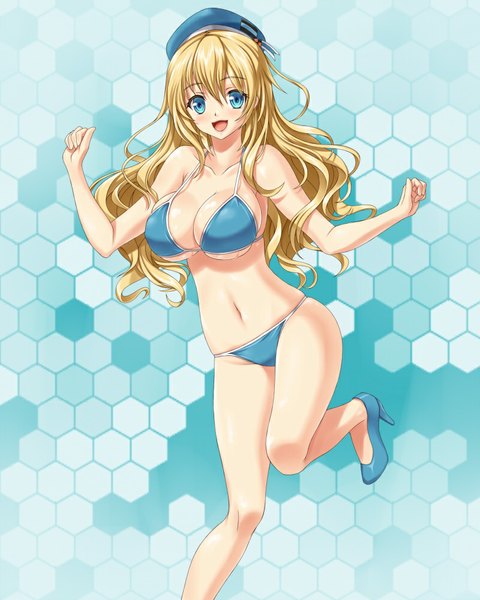 Anime picture 800x1000 with kantai collection atago heavy cruiser hammerman benkei single long hair tall image looking at viewer blush breasts open mouth blue eyes light erotic blonde hair large breasts midriff girl swimsuit bikini beret