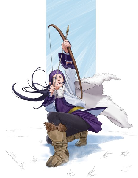 Anime-Bild 2550x3300 mit golden kamuy asirpa triximity single long hair tall image highres blue eyes black hair white background long sleeves traditional clothes looking up squat ainu clothes girl weapon boots hairband pants