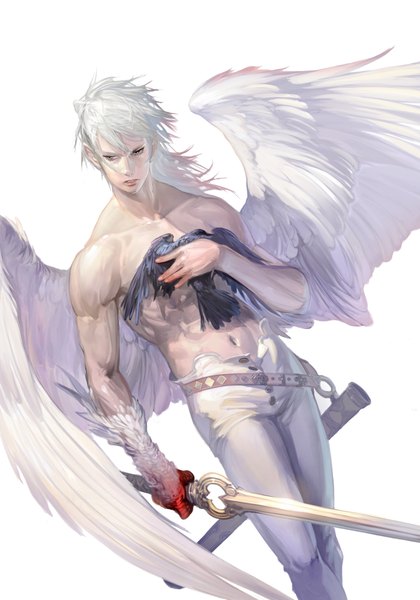 Anime picture 2976x4252 with original takayama toshiaki single long hair tall image highres simple background white background white hair grey eyes topless muscle angel wings angel open pants boy navel weapon animal sword