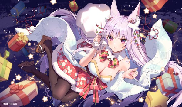 Anime picture 1694x1000 with virtual youtuber melty+ kamishiro natsume rosuuri single looking at viewer blush fringe breasts light erotic wide image large breasts holding signed animal ears pink hair cleavage bent knee (knees) outdoors blunt bangs