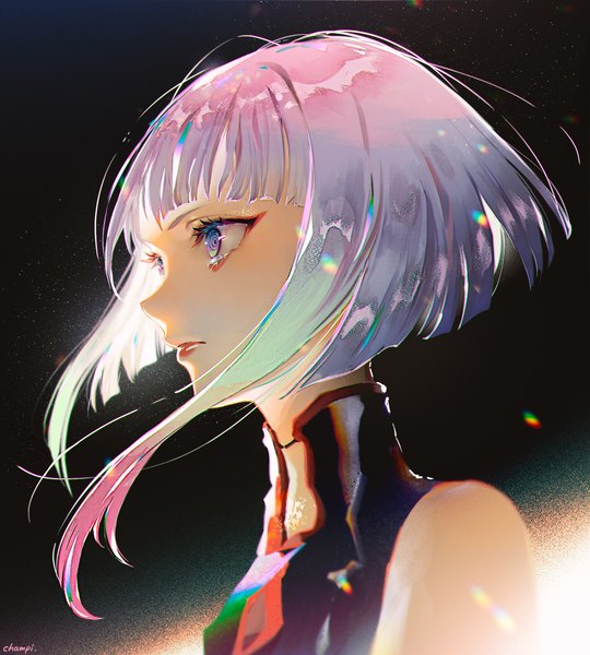Anime picture 1953x2168 with cyberpunk edgerunners studio trigger lucy (cyberpunk) champi single tall image fringe highres short hair blue eyes simple background signed looking away silver hair blunt bangs profile black background portrait girl