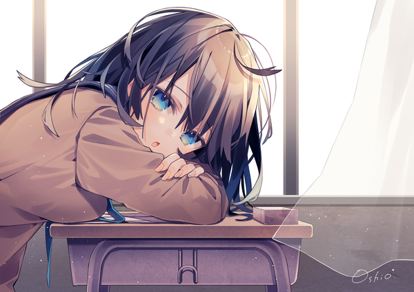 Anime picture 4093x2894 with original oshio (dayo) single long hair looking at viewer blush fringe highres breasts open mouth blue eyes black hair hair between eyes standing sitting signed absurdres upper body indoors long sleeves