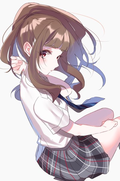 Anime picture 1333x2000 with idolmaster idolmaster cinderella girls kamiya nao sinsihukunokonaka single long hair tall image looking at viewer fringe simple background red eyes brown hair white background sitting ponytail blunt bangs from above girl uniform school uniform