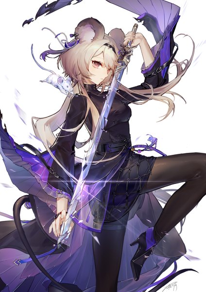 Anime picture 2894x4093 with arknights lin yuhsia (arknights) asona single long hair tall image looking at viewer fringe highres simple background hair between eyes standing white background purple eyes animal ears bent knee (knees) tail animal tail grey hair wide sleeves