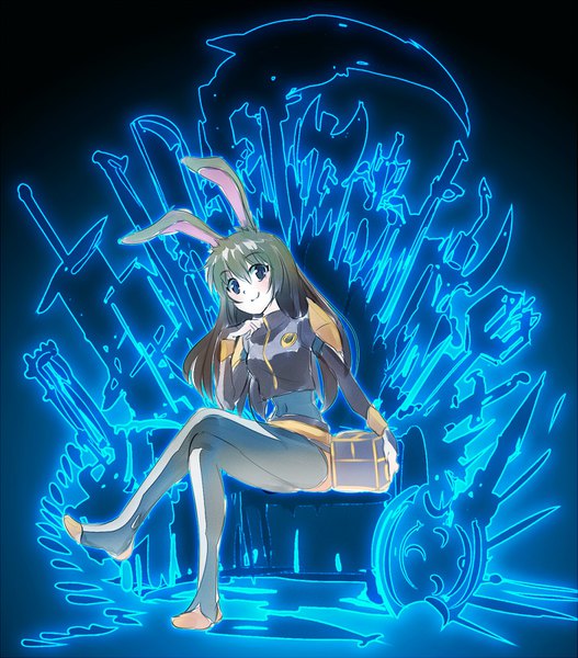Anime picture 1405x1600 with rwby a song of ice and fire rooster teeth velvet scarlatina iesupa single long hair tall image looking at viewer blue eyes smile brown hair sitting animal ears full body long sleeves bunny ears crossed legs parody spoilers