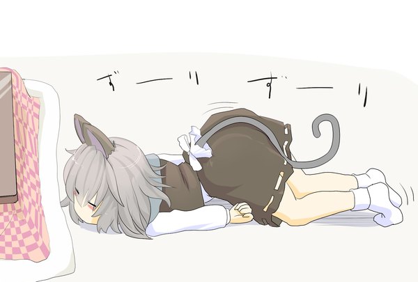 Anime picture 1748x1181 with touhou nazrin ishikkoro single blush fringe highres short hair simple background hair between eyes animal ears tail eyes closed long sleeves animal tail grey hair inscription reclining mouse ears mouse tail