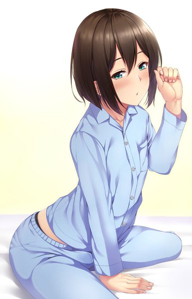 Anime picture 1143x1781 with original takocha single tall image looking at viewer blush fringe short hair simple background hair between eyes brown hair white background sitting green eyes payot long sleeves arm up arm support leaning leaning forward