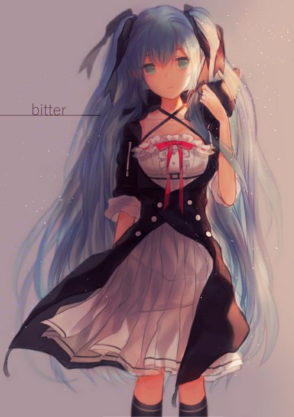Anime picture 724x1024 with vocaloid hatsune miku yasiromann single tall image looking at viewer simple background standing twintails blue hair very long hair aqua eyes wind inscription grey background girl ribbon (ribbons) hair ribbon