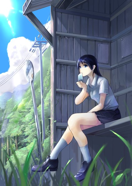 Anime picture 1000x1414 with original koruse single long hair tall image blush blue eyes sitting blue hair looking away sky cloud (clouds) eating girl skirt plant (plants) shirt tree (trees) socks food