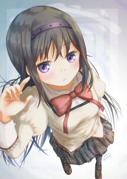 Anime picture 1075x1518 with mahou shoujo madoka magica shaft (studio) akemi homura asukaru single long hair tall image looking at viewer blush fringe black hair simple background hair between eyes standing purple eyes signed full body long sleeves pleated skirt from above