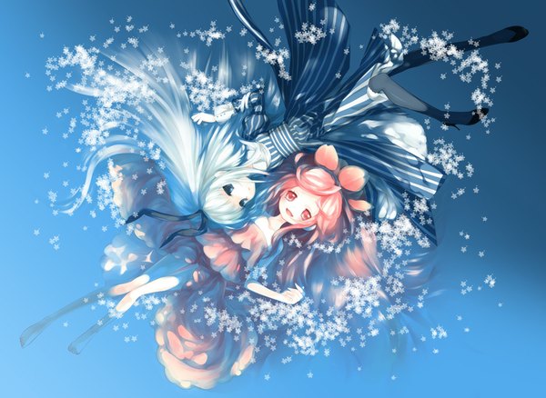 Anime picture 1000x731 with original ikazuchi miruku long hair blue eyes multiple girls pink hair white hair pink eyes blue background girl dress flower (flowers) 2 girls