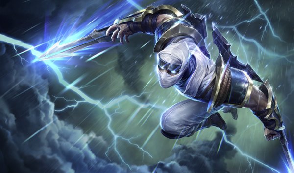 Anime picture 1215x717 with league of legends zed (league of legends) single looking at viewer blue eyes wide image sky cloud (clouds) wet alternate costume glowing rain glowing eye (eyes) jumping fighting stance serious lightning boy weapon armor