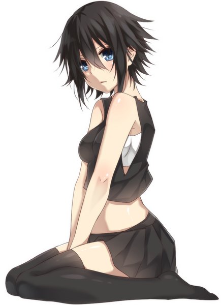 Anime picture 909x1253 with original jimiko (yamasuta) yamasuta single tall image looking at viewer short hair blue eyes black hair simple background white background bare shoulders pleated skirt bare belly midriff zettai ryouiki girl thighhighs skirt black thighhighs