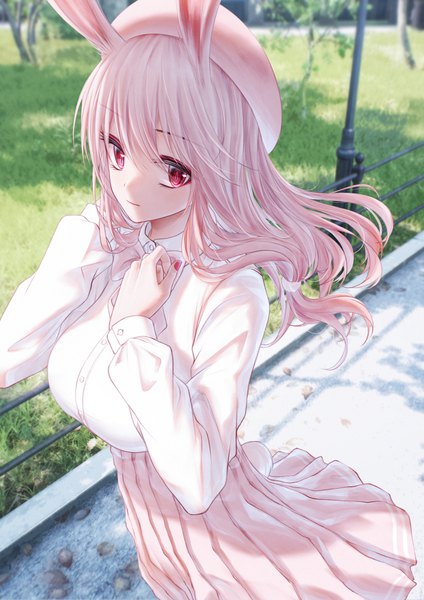 Anime picture 2894x4093 with tsumi no hahen (debris) lirin (bae.c) bae.c single long hair tall image looking at viewer fringe highres hair between eyes red eyes standing animal ears payot pink hair outdoors tail long sleeves nail polish animal tail