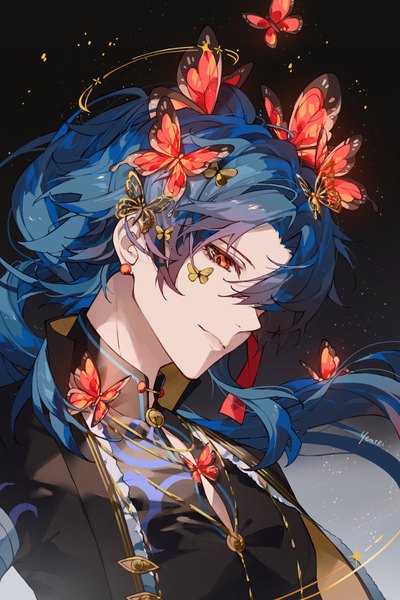 Anime picture 1000x1500 with honkai: star rail honkai (series) blade (honkai: star rail) yeurei single long hair tall image looking at viewer fringe simple background red eyes signed blue hair upper body profile hair over one eye boy hair ornament earrings insect