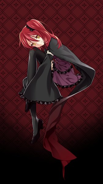 Anime picture 1313x2340 with original masami (souzou jinsei sanka) single long hair tall image looking at viewer yellow eyes red hair girl thighhighs dress black thighhighs frills