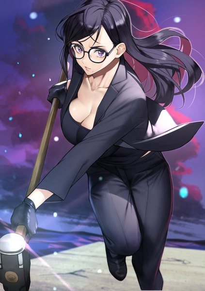 Anime picture 635x900 with summertime render minakata hizuru yoshio (55level) single long hair tall image breasts black hair purple eyes cleavage mole mole under mouth girl gloves weapon black gloves glasses pants hammer